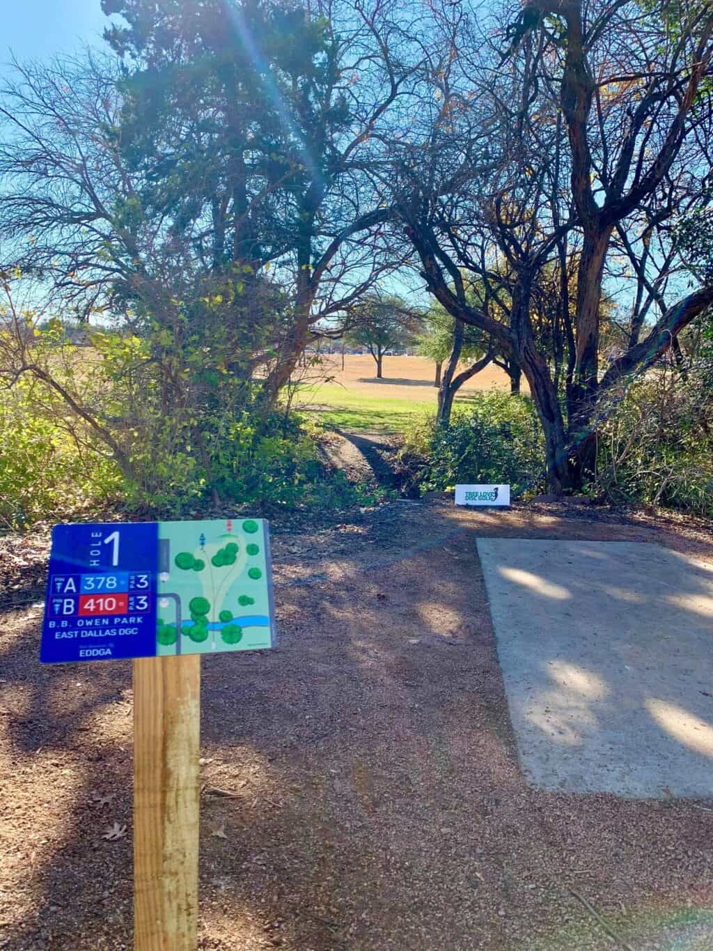 Disc golf course directional sign with hole information.