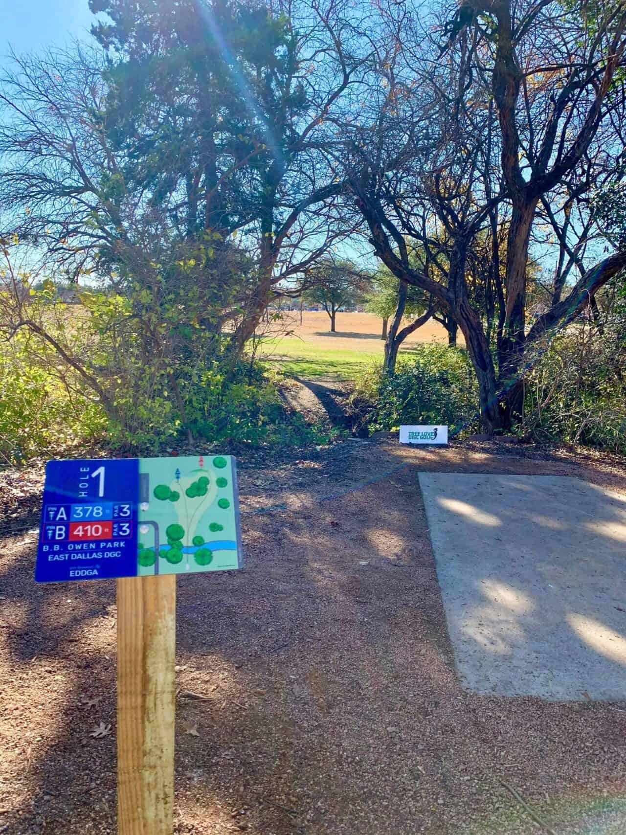 Disc golf course directional sign with hole information.