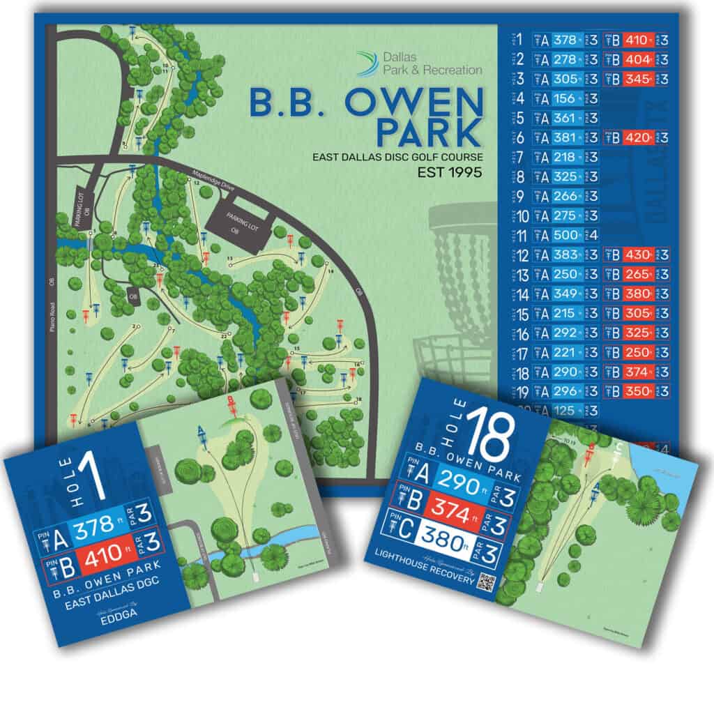 Map and scorecard for B.B. Owens Park disc golf course in East Dallas.