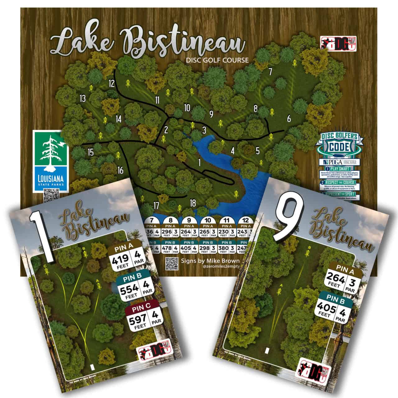 Lake Bistineau disc golf course map with scorecards and signage.