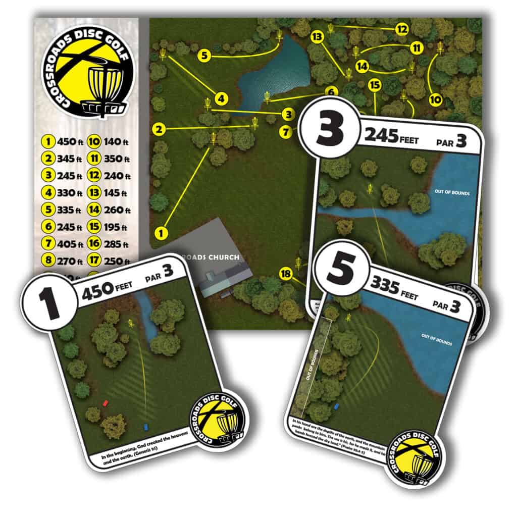 Disc golf course layout with hole distances and par info.