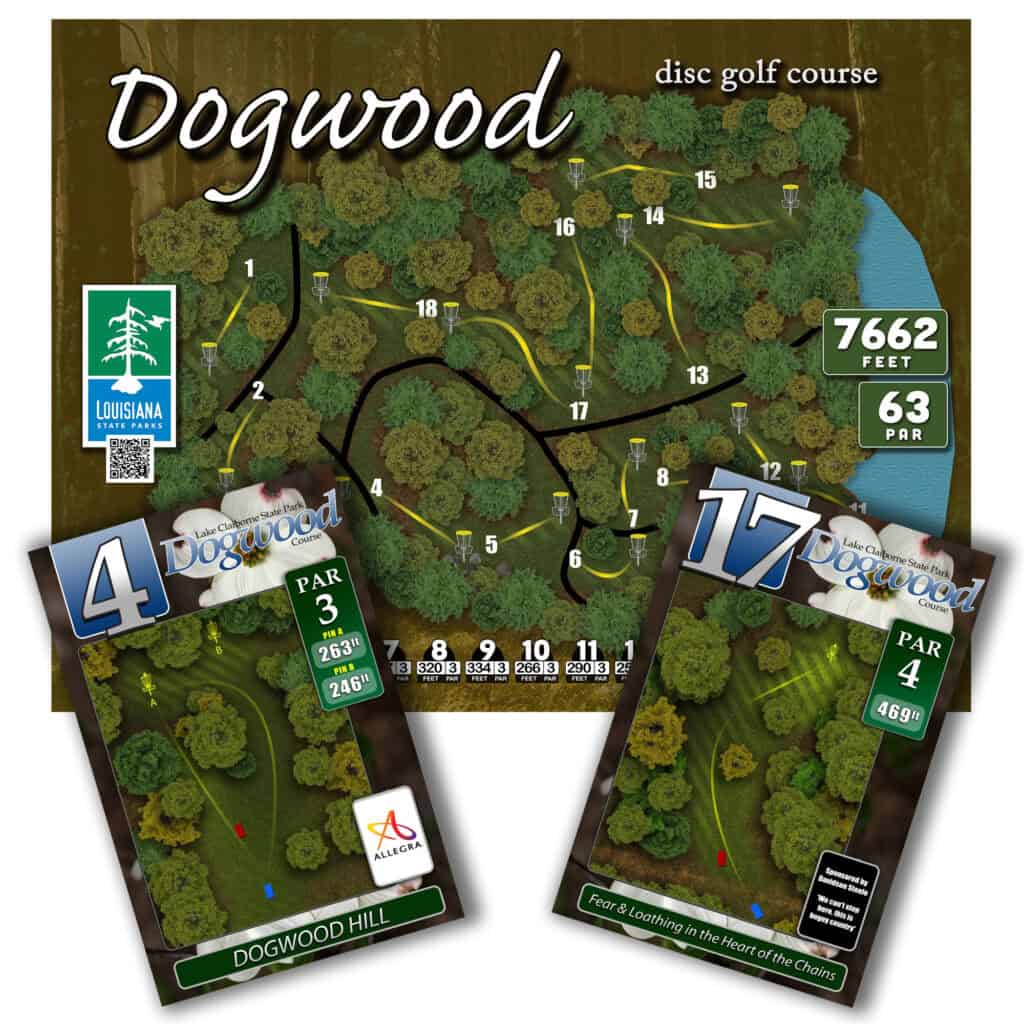 Dogwood disc golf course map with hole layout and distances.