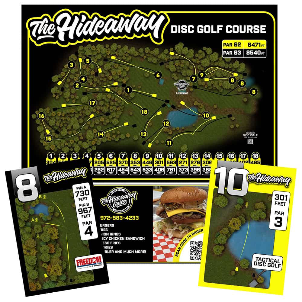 Disc golf course map with hole layouts and distances for online store purchase.