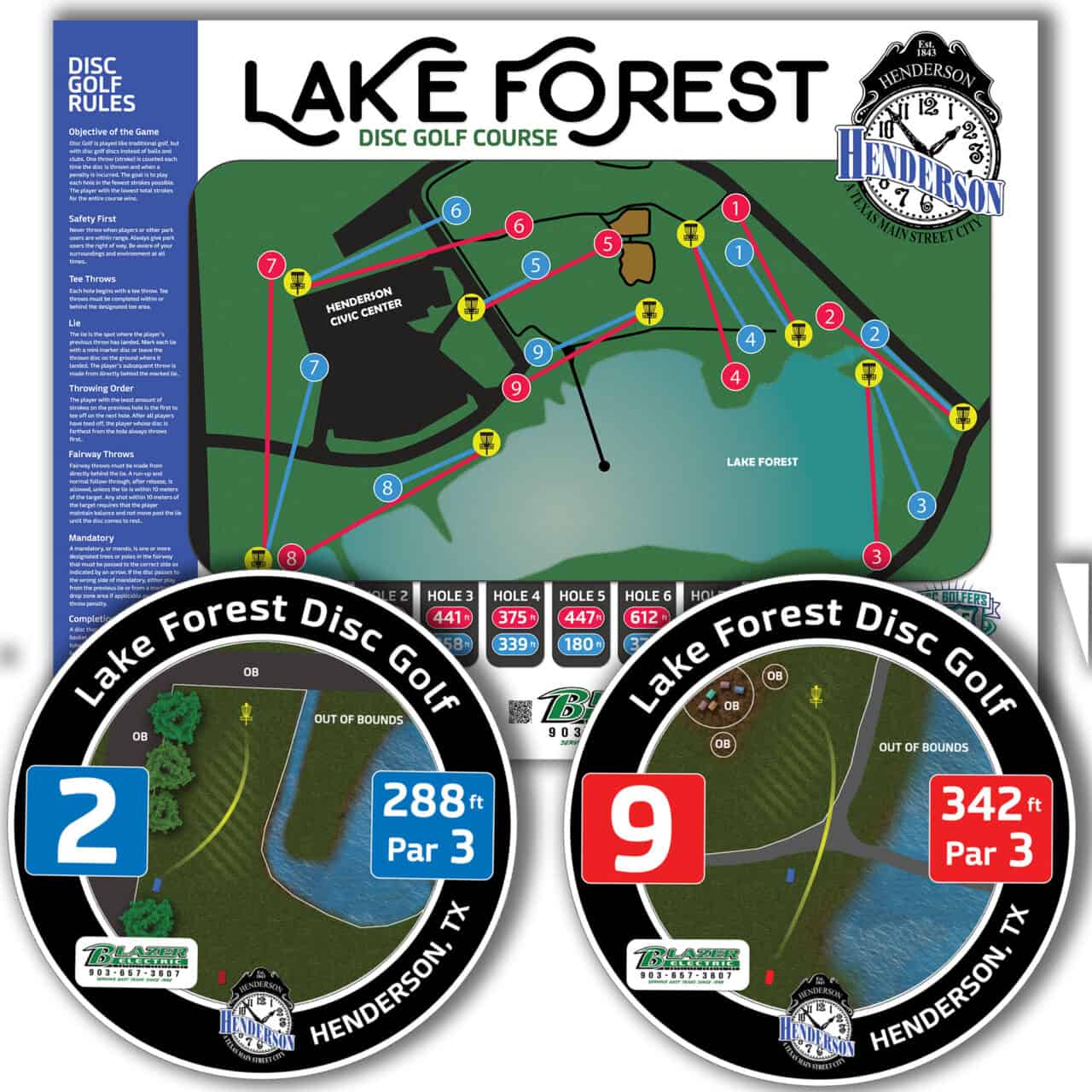 Lake Forest disc golf course map with hole layouts and distances in Henderson, TX.