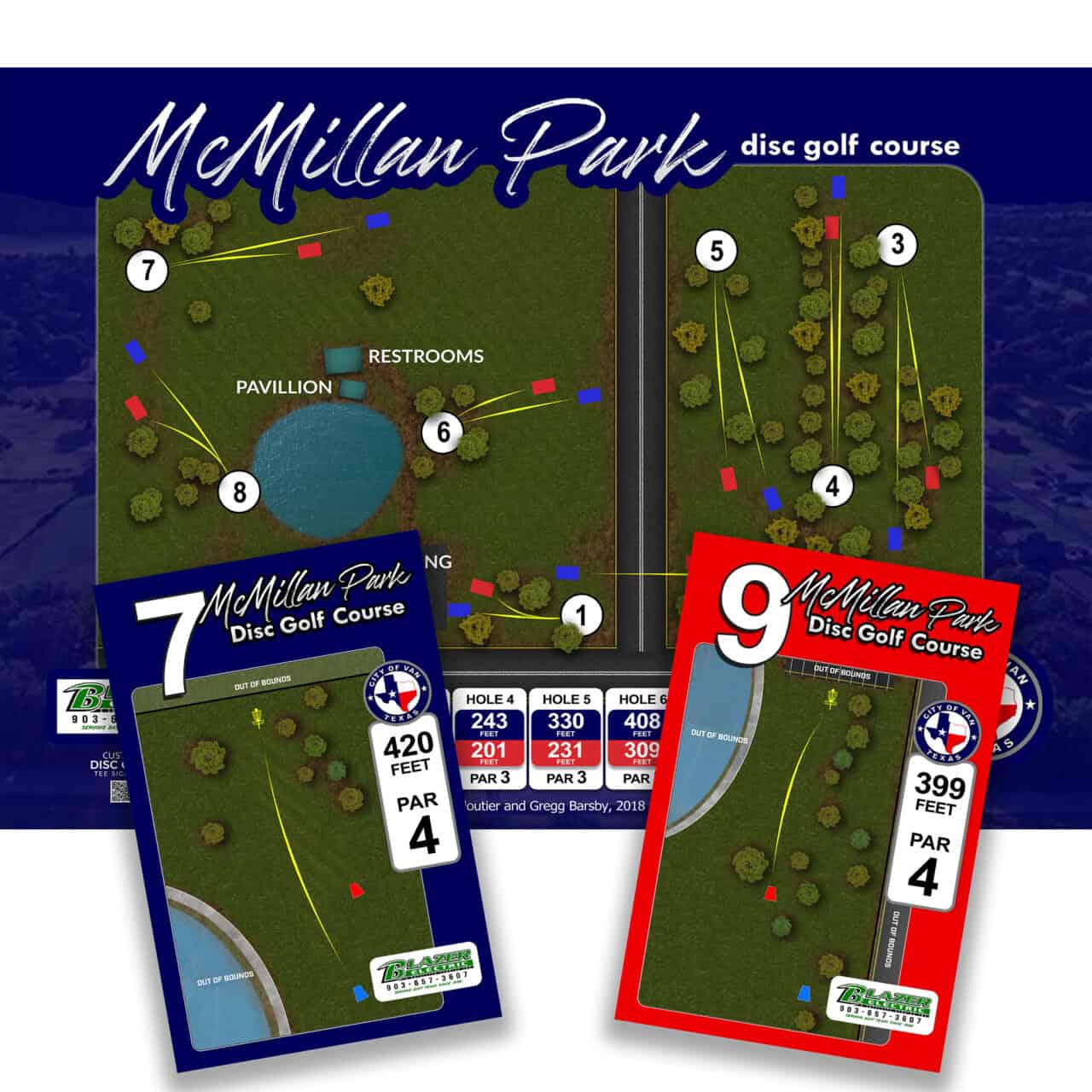 Map of McMillan Park disc golf course with hole layouts and amenities.