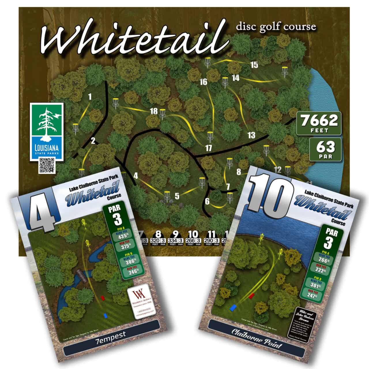 Disc golf course map featuring the Whitetail layout with hole numbers and distances.