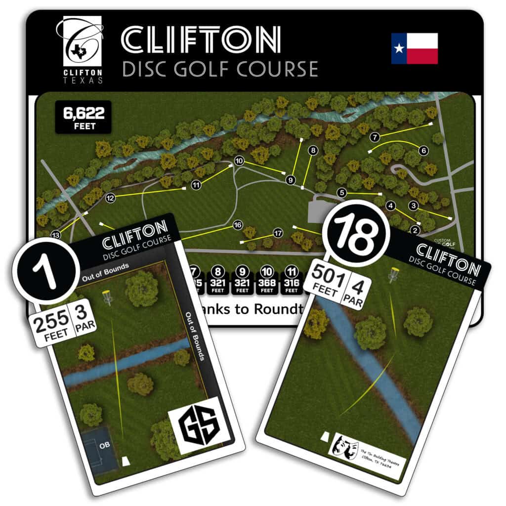 Clifton Disc Golf course map with hole layouts and distances.