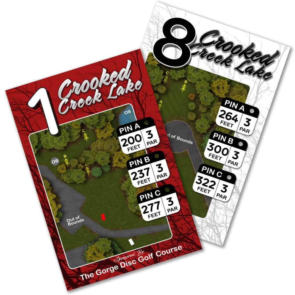 Disc golf course map at Crooked Creek Lake with hole distances and layout.