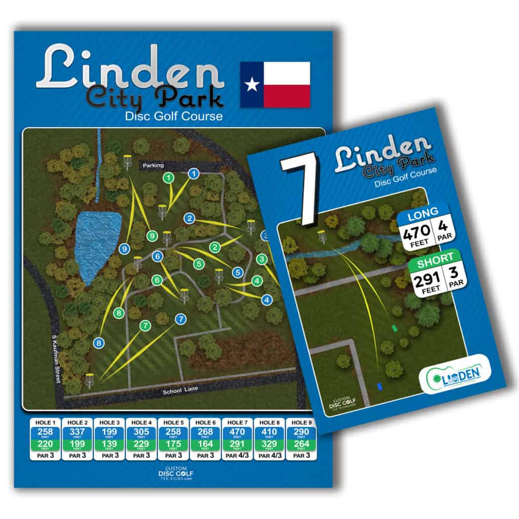 Disc golf course map at Linden City Park with hole layouts and distances.