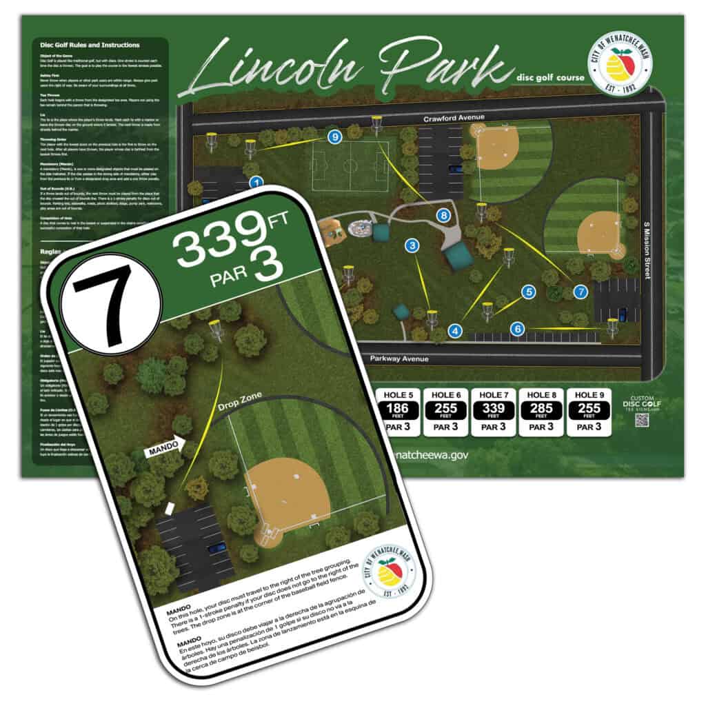 Disc golf course map at Lincoln Park with hole details and layout.