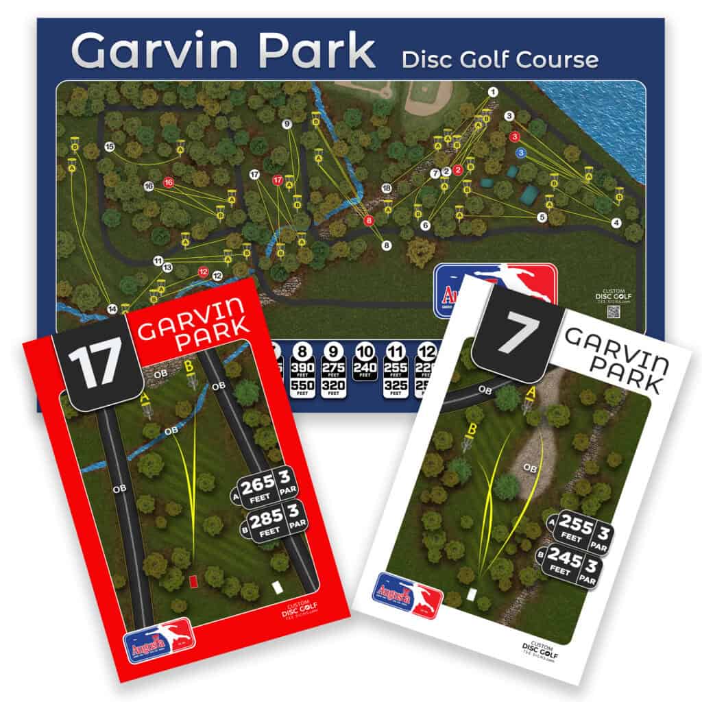 Detailed map of Garvin Park disc golf course with hole layouts and distances.