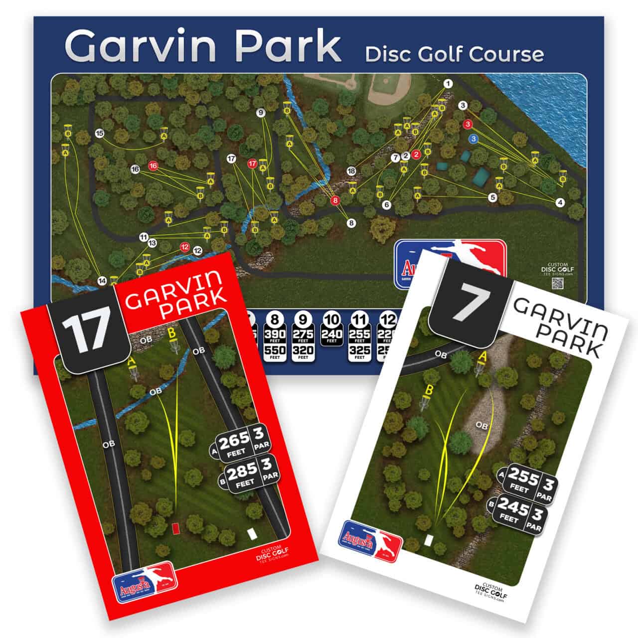 Detailed map of Garvin Park disc golf course with hole layouts and distances.