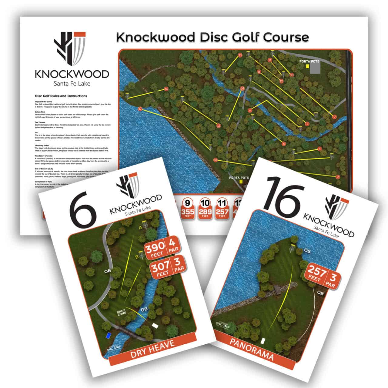 Knockwood disc golf course map with scorecards and layout details.