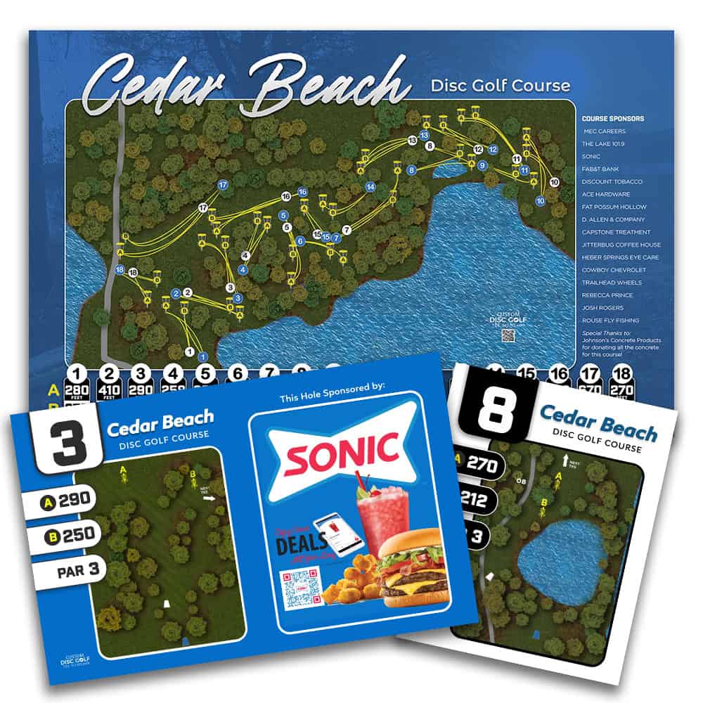 Cedar Beach disc golf course map with hole layout and sponsor logos.