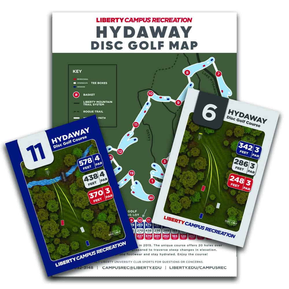 Hydaway Disc Golf Map for Liberty University campus recreation.