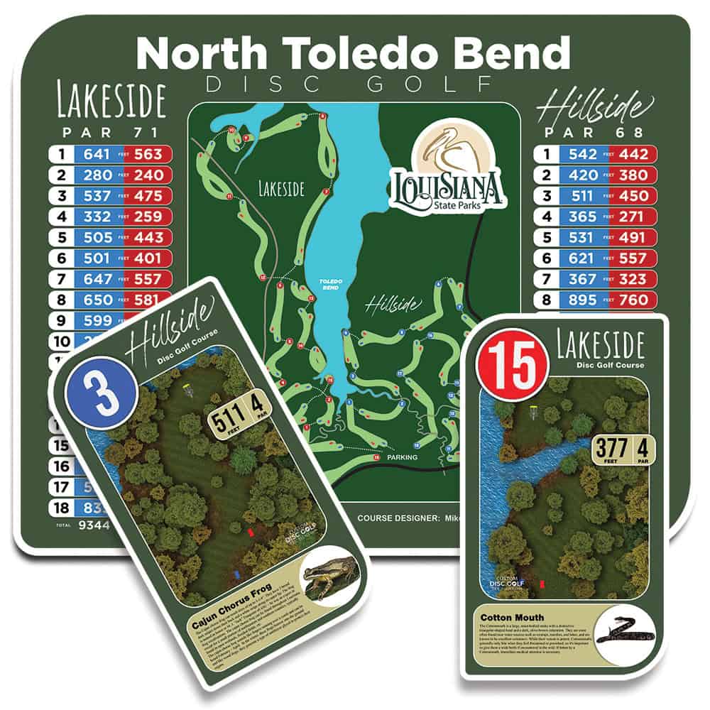 Disc golf course map at North Toledo Bend State Park with hole layouts and distances.