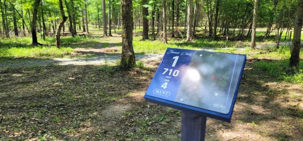 Outdoor disc golf course sign at Jimmie Davis State Park, Louisiana.