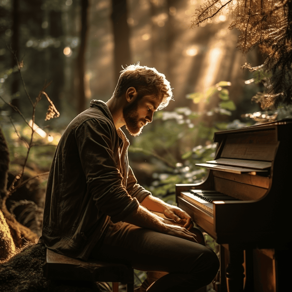 Piano player practicing outdoors in a serene forest setting during sunset.