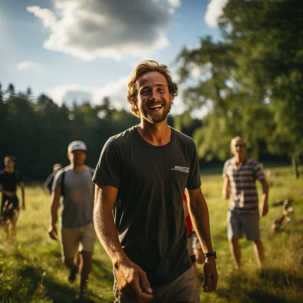 Disc golf players having fun outdoors on a sunny day in a scenic park.