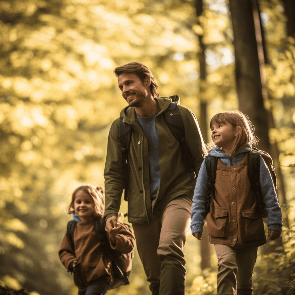 Family enjoying disc golf in a scenic forest setting with kids and parents.