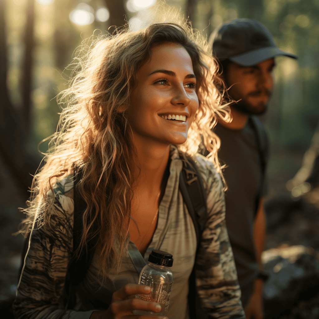Woman drinking water outdoors during disc golf game, emphasizing hydration importance.