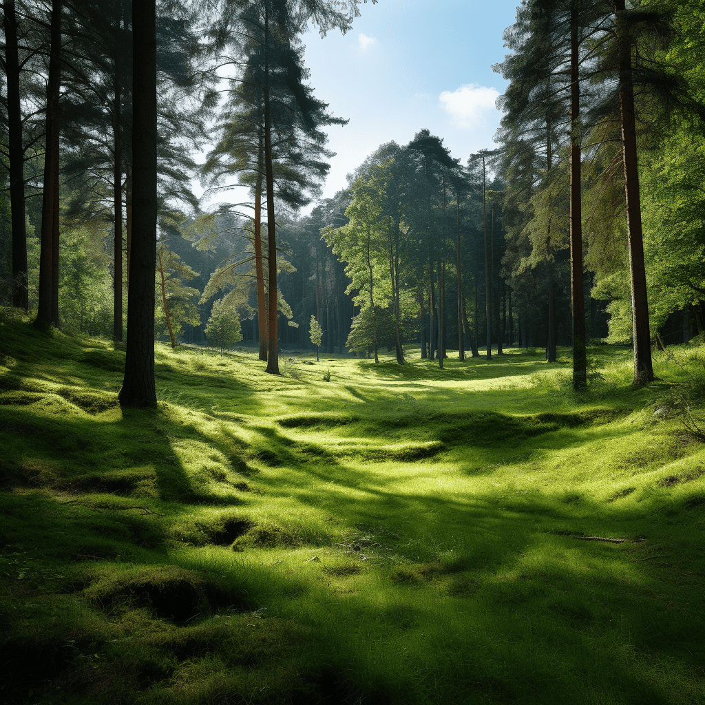 Scenic forest golf course with tall trees and lush green fairway.