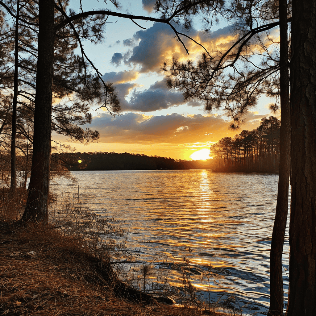 Sunset over a tranquil lake framed by pine trees, capturing the peaceful beauty of nature at dusk.