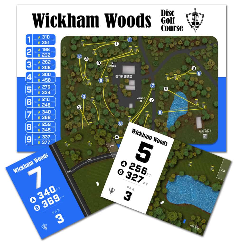 Wickham Woods disc golf course layout with hole distances and trees.