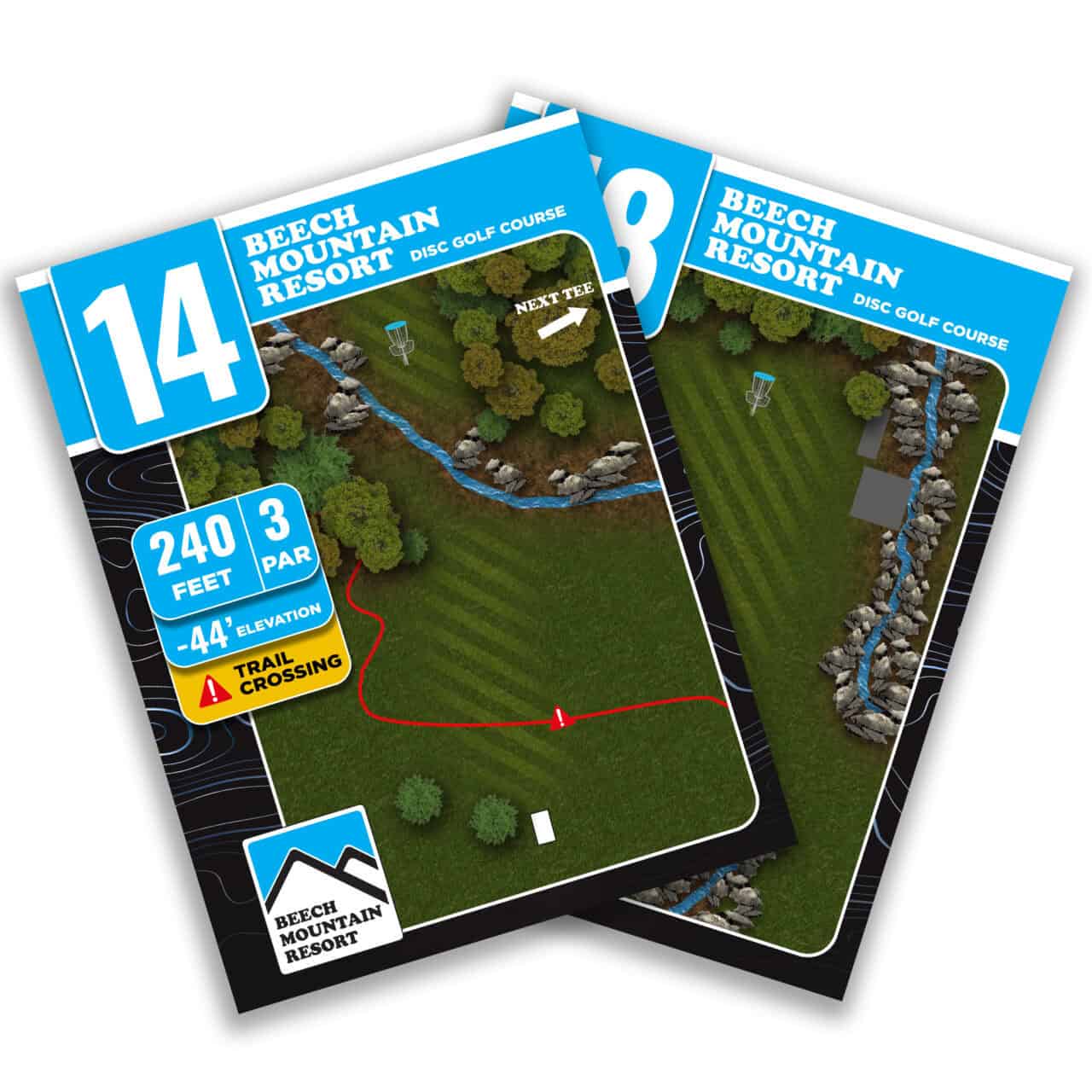 Beech Mountain Resort disc golf course tee sign with hole details.