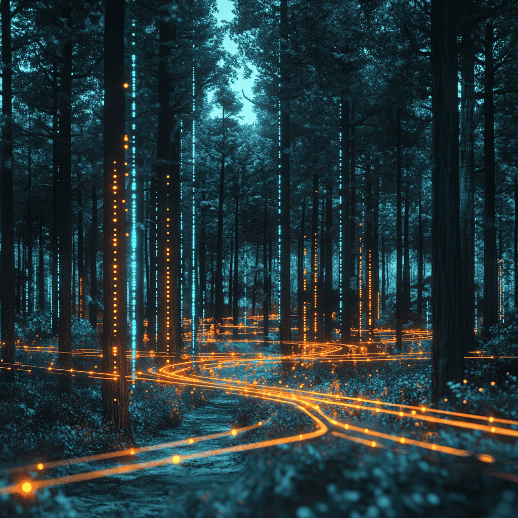 Futuristic forest scene with AR and QR code elements for disc golf course navigation.