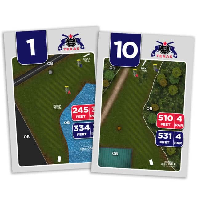 Custom disc golf tee signs for Gun Barrel City, TX, featuring hole distances and course layout.
