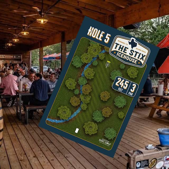 Disc golf course map for Hole 5 at The Stix Icehouse, featuring trees and water hazards.
