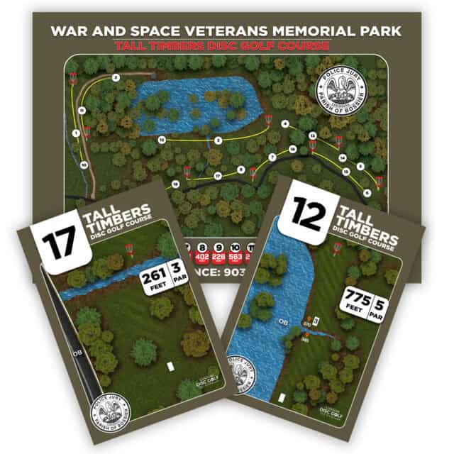 Disc golf course signage and scorecards at Tall Timbers, Haughton, LA.