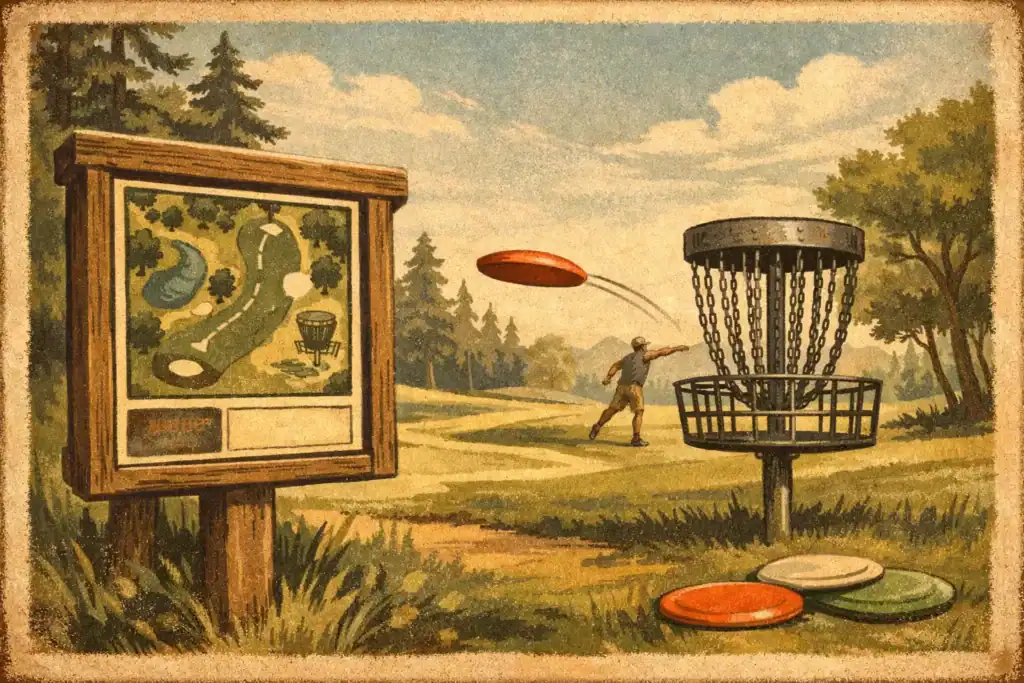 Custom disc golf tee sign displaying course layout and disc options.